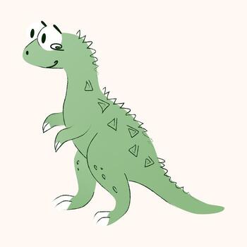 un dibujos animados dinosaurio con un verde cuerpo y triangular Picos. eso tiene un simpático expresión y soportes vertical, exhibiendo sus pequeño brazos y grande pies. vector