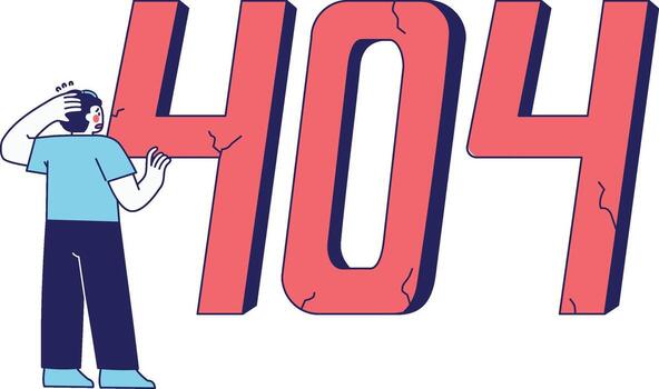 A worried character standing near broken 404 typography perfect for page not found or connection lost visuals. vector