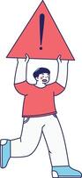 A cartoon figure holding up a red alert triangle ideal for system warnings, UI notifications, or urgent messages. vector