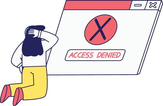 Kneeling character facing an Access Denied window, ideal for blocked pages, restriction visuals, or permission errors. vector