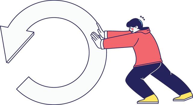 A person trying to push a large refresh arrow great for retry buttons, failed action pages, or reconnect screens. vector