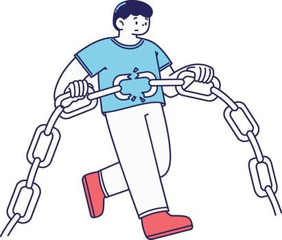 Fun cartoon character breaking a heavy chain, symbolizing freedom from tech or digital restrictions, great for UI error pages. vector