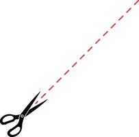 Black icon of open scissors with a dashed red line showing cutting direction, without background vector