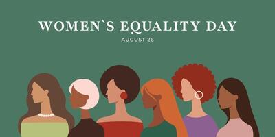 Flat Poster for Womens Equality Day with Multiracial Female Silhouettes. vector