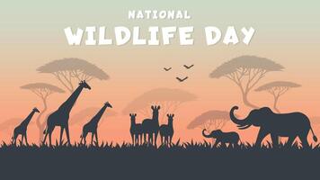 National Wildlife Day Poster with Animal Silhouettes in Savannah Illustration. vector