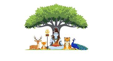 Lord Shiva with meditation, animals, tree, and hindu god. vector