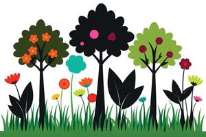 Stylized trees and flowers in a meadow grass green vector