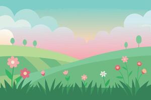 Green rolling hills with pink flowers and pastel sky nature landscape vector