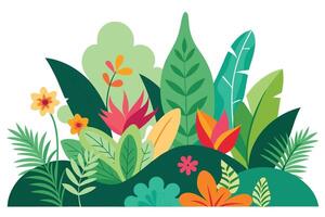Lush jungle foliage and vibrant tropical flowers leaves vector