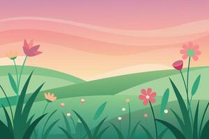 Pink purple sky green rolling hills wildflowers nature landscape vector