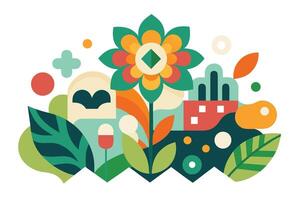 Vibrant abstract floral landscape with geometric shapes vector
