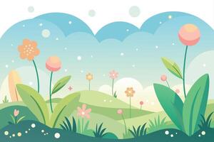 Gentle pastel hills with blooming flowers and soft clouds nature spring vector