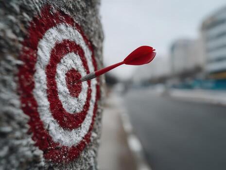 Red dart hits center on concrete wall target photo