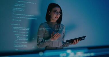 Asia female software developer mentor leader manager talk strategy plan to executive write prompt AI bot IT app program nomad, game, designer, data center. Projecting. video