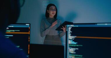 Group adult Asia female software developer mentor leader manager talk strategy plan to executive write prompt AI bot IT app program nomad, game, data center. video