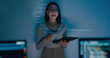 Asia female software developer mentor leader manager talk strategy plan to executive write prompt AI bot IT app program nomad, game, designer, data center. Projecting slideshow code. video