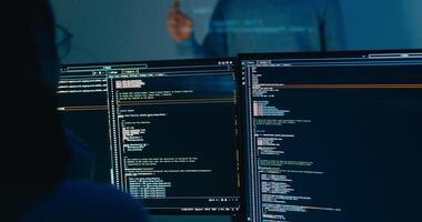 Group Asia male software developers mentor leader manager talk strategy plan to executive write prompt AI bot IT app program nomad, game, designer, data center. video