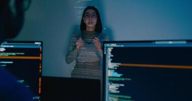 Group Asia female software developer mentor leader manager talk strategy plan to executive write prompt AI bot IT app program nomad, game, data center. video