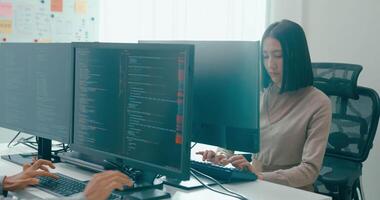 grupo Ásia macho, fêmea freelance digitando escrever pronto ai robô isto aplicativo inteligente programa nômade, jogo, terminal com codificação linguagem, do utilizador interface, desenhista, grande dados Centro Área de Trabalho computador. video