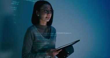 adult Asia female software developer mentor leader manager talk strategy plan to executive write prompt AI bot IT app program nomad, game, designer, data center. Projecting slideshow code. video