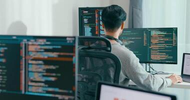 Group Adult Asia male female freelance typing write prompt AI bot IT app smart program nomad, game, terminal with coding language, user interface, designer, big data center on desktop computer. video