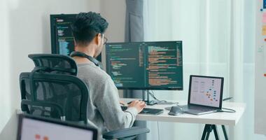 grupo Ásia masculino freelance digitando escrever pronto ai robô isto aplicativo inteligente programa nômade, jogo, terminal com codificação linguagem, do utilizador interface, desenhista, grande dados Centro em Área de Trabalho computador. video