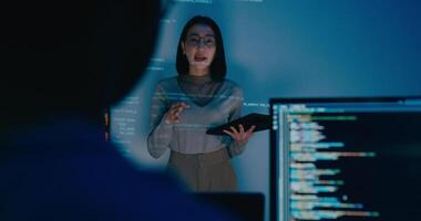 Group adult Asia female software developer mentor leader manager talk strategy plan to executive write prompt AI bot IT app program nomad, game, designer, data center. Projecting slideshow code. video