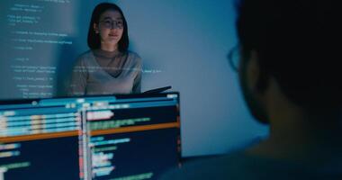 Group adult Asia female software developer mentor leader manager talk strategy plan to executive write prompt AI bot IT app program nomad, game, designer, data center. video