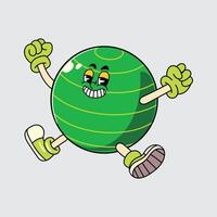 Energetic cartoon gym ball mascot jumping with joy, wearing gloves and boots illustration vector