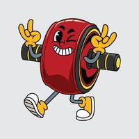 Happy cartoon Ab Roller Wheel character winking, walking, and throwing rock hand gestures vector