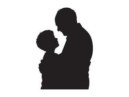 Black silhouette of elderly man embracing child, isolated on white background, graphic illustration. concept of family, love, bonding, parenthood, relationship, icon, design element vector