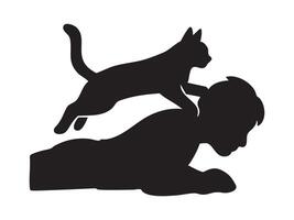 Black silhouette of cat jumping over lying man isolated on white background. concept of pet, cat behavior, playful animal, human interaction, design element vector