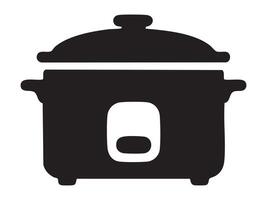 Black silhouette of slow cooker or electric multicooker with lid and handles isolated on white background, illustration. Concept of kitchen appliance, home cooking device, modern food preparation vector