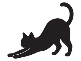 Black silhouette of playful cat stretching, isolated on white background, graphic illustration. concept of pet, cute kitten, domestic animal, icon, logo, design element. vector