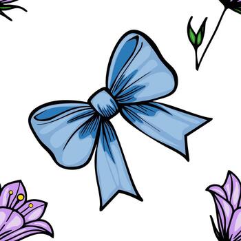 A blue bow surrounded by various bellbellflowers on a white background. The bow is detailed with folds and shading, giving it a three-dimensional appearance. vector