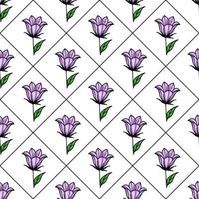A seamless pattern featuring purple bellbellflowers with green leaves arranged in a diamond grid on a white background.