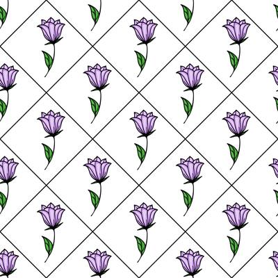 A seamless pattern featuring purple bellflowers with green leaves arranged in a diamond grid on a white background.