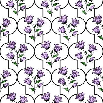 A seamless floral pattern featuring purple bellbellflowers with green leaves on a white background. The design is structured with outlined shapes creating a repeating motif. vector