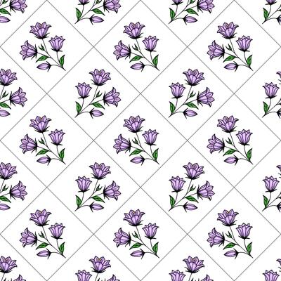 A seamless pattern featuring delicate purple bellbellflowers with green leaves on a white background, arranged in a diamond layout.