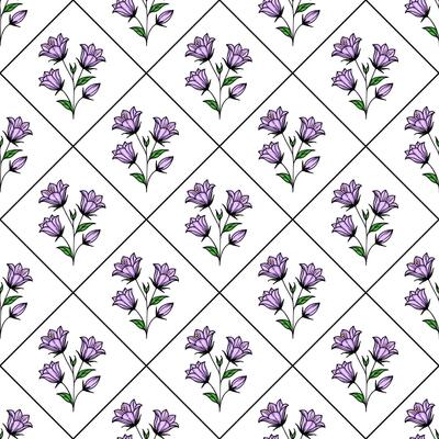 A seamless pattern featuring purple bellbellflowers arranged in a diamond grid on a white background. Each bellflowers cluster has green leaves, creating a fresh and vibrant design.