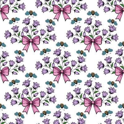 A seamless pattern featuring bouquets of purple bellbellflowers tied with pink bows, accompanied by blue butterflies and bees, set against a white background.