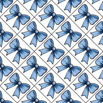 A seamless pattern featuring blue bows on a white background, arranged in a grid layout. The bows are illustrated with a simple, clean design, emphasizing their shape and color. vector