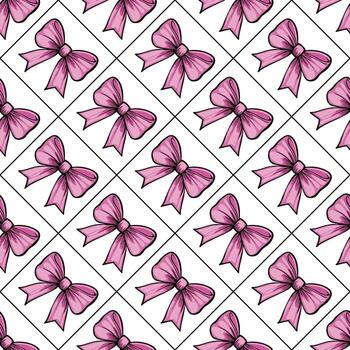 A seamless pattern featuring pink bows on a white background, arranged in a grid layout. The bows are outlined and have a glossy appearance, creating a playful and cheerful design. vector