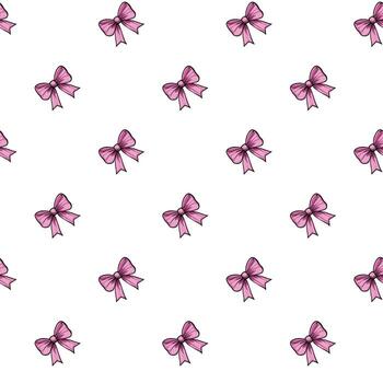A seamless pattern featuring small pink bows on a white background. The bows are evenly spaced and have a simple, cute design, making it suitable for various decorative purposes. vector