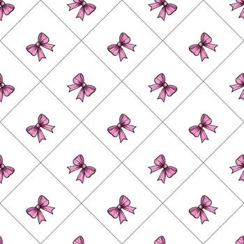 un sin costura modelo presentando rosado arcos en un blanco fondo, arreglado en un cuadrícula disposición. el arcos son ilustrado con un sencillo y elegante diseño, creando un alegre y festivo mirar. vector