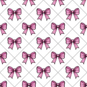 un sin costura modelo presentando rosado arcos en un blanco fondo, arreglado en un cuadrícula disposición. el arcos son ilustrado con un simple, caricaturesco estilo, enfatizando su forma y color. vector