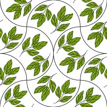 A seamless pattern featuring green leaves arranged in circular shapes on a white background. The design showcases various leaf shapes and sizes, creating a fresh and natural aesthetic. vector