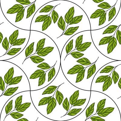 A seamless pattern featuring green leaves arranged in circular shapes on a white background. The design showcases various leaf shapes and sizes, creating a fresh and natural aesthetic.