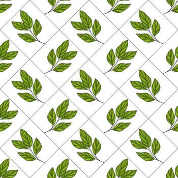 A seamless pattern featuring green leaves arranged in a diamond grid on a white background. The leaves vary in shape and size, creating a fresh and natural look. vector