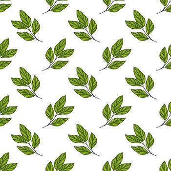 A seamless pattern featuring various green leaves on a white background. The leaves are illustrated in different shapes and sizes, creating a fresh and natural look. vector